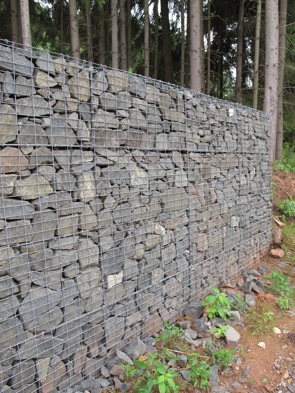 Gabionová opěrná zeď u lesa